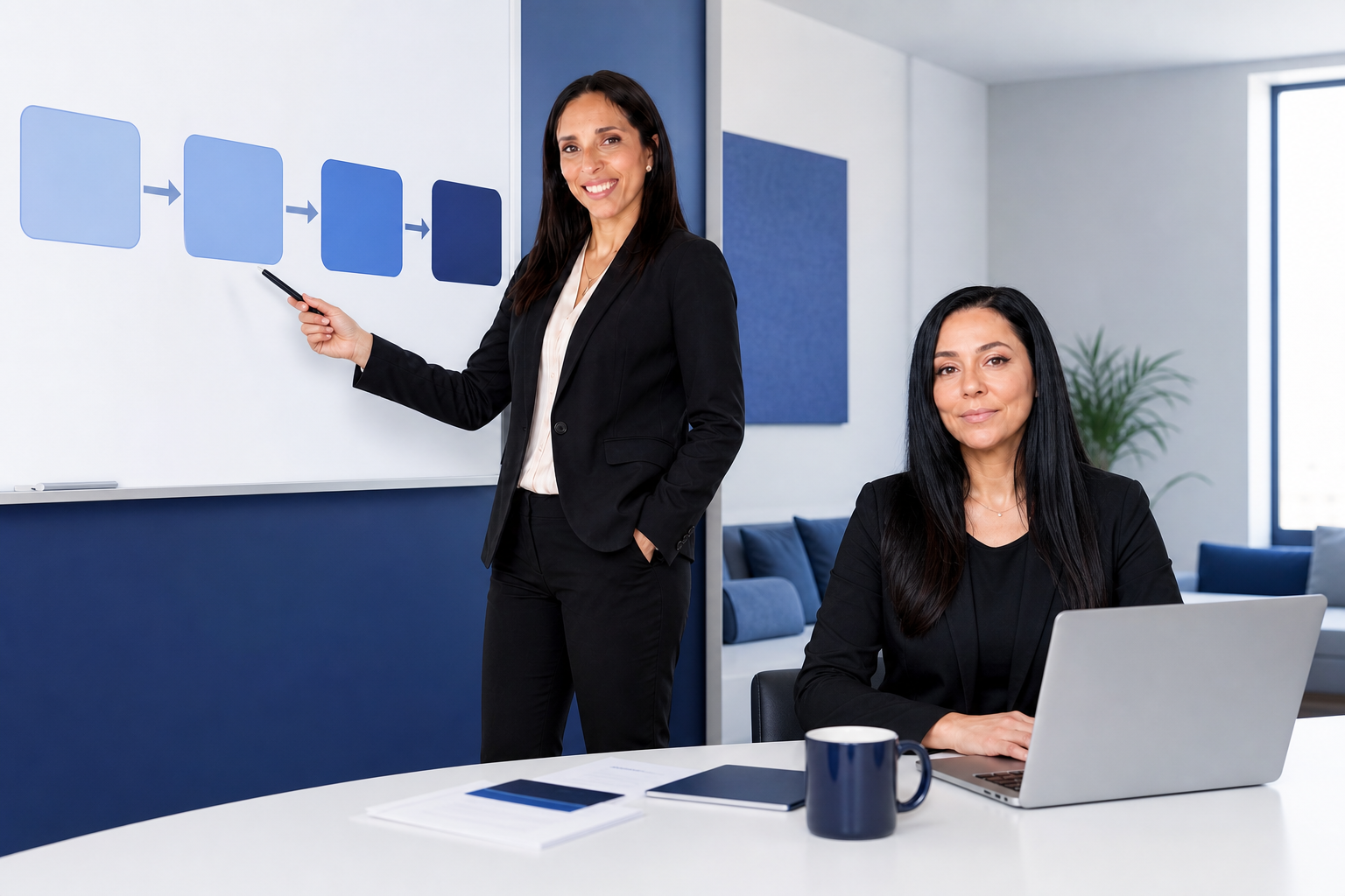 Les deux ambassadrices LDAi examinent un tableau de workflow d’automatisation en entreprise, l’une debout devant les étapes du processus et l’autre assise en train de valider les a
