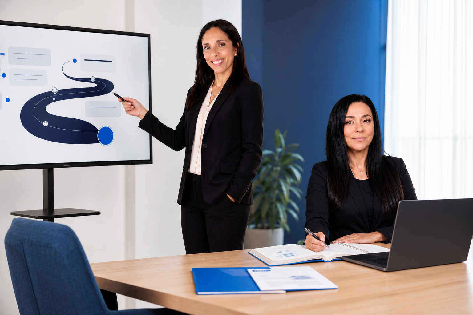 Deux ambassadrices LDAi travaillent sur un plan de reconversion : l’une présente un portfolio sur un ordinateur, l’autre organise des priorités sur un tableau.