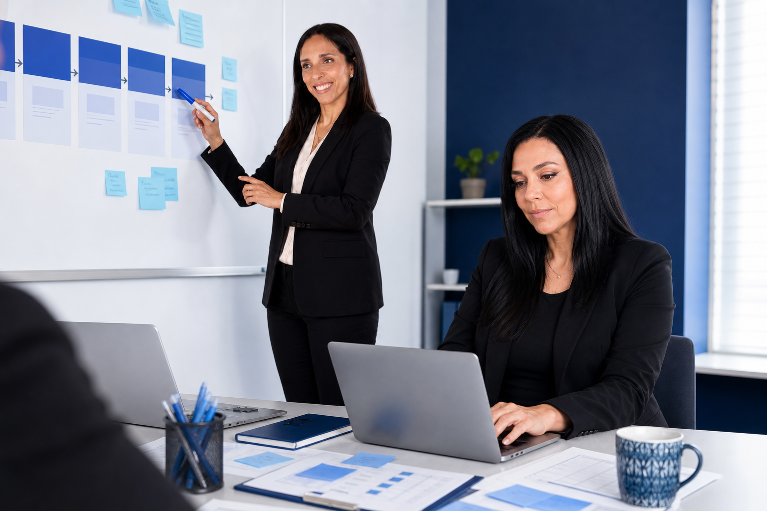 Les deux ambassadrices LDAi préparent une formation IA en équipe : l’une anime un atelier devant un tableau de workflow, l’autre analyse un document sur un ordinateur.