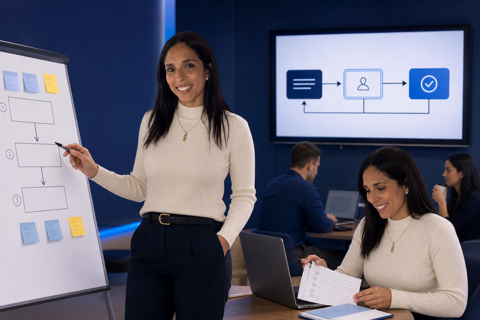 Deux ambassadrices LDAi travaillent avec une équipe sur des workflows IA : l’une anime une discussion devant un tableau, l’autre vérifie un livrable sur ordinateur.