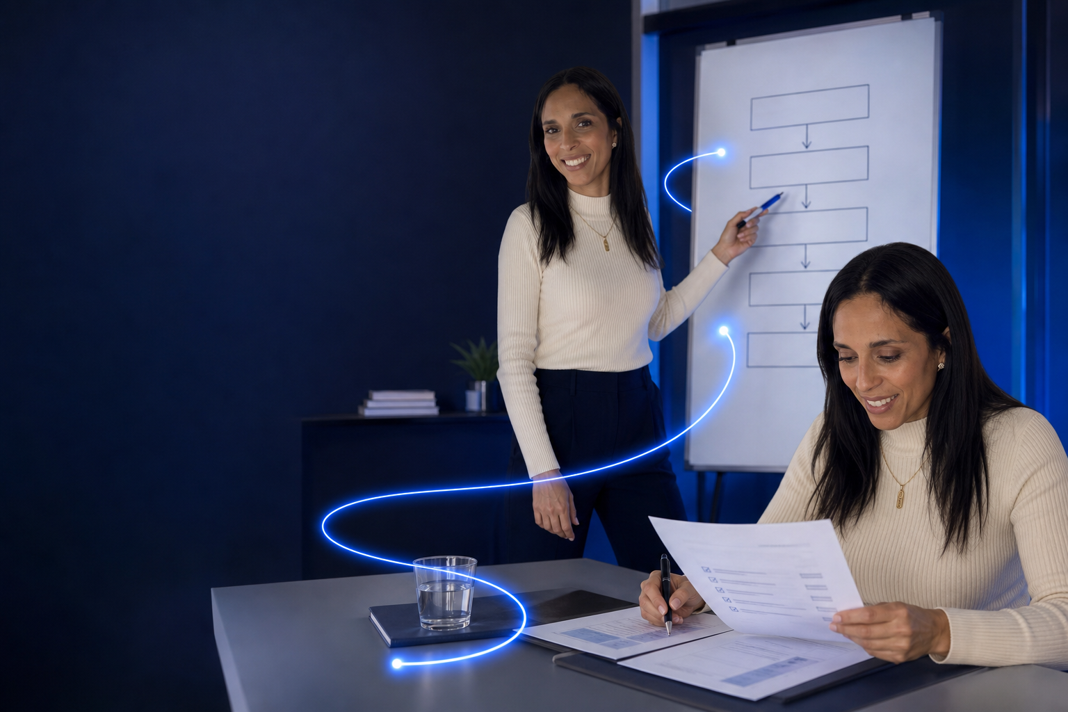 Les deux ambassadrices LDAi : l’une présente un workflow IA sur un ordinateur portable, l’autre relit une checklist de contrôle avec des documents.