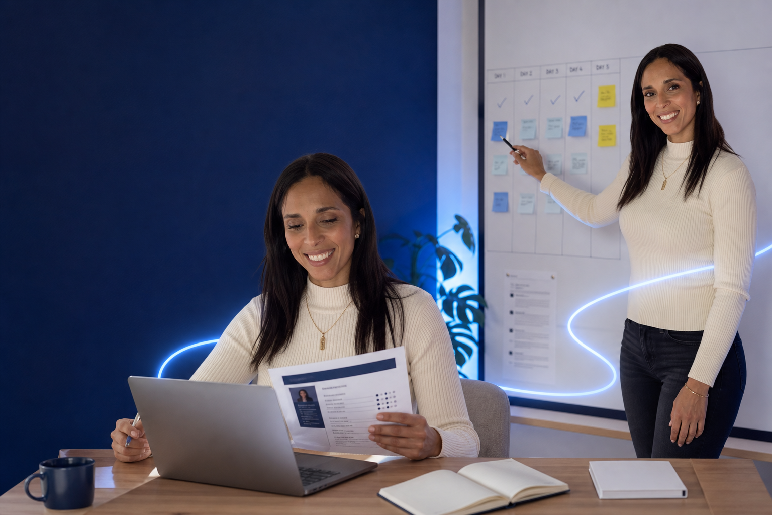 Les deux ambassadrices LDAi travaillent sur une évolution de carrière assistée par IA : l’une présente un portfolio sur ordinateur, l’autre valide un workflow sur tableau.