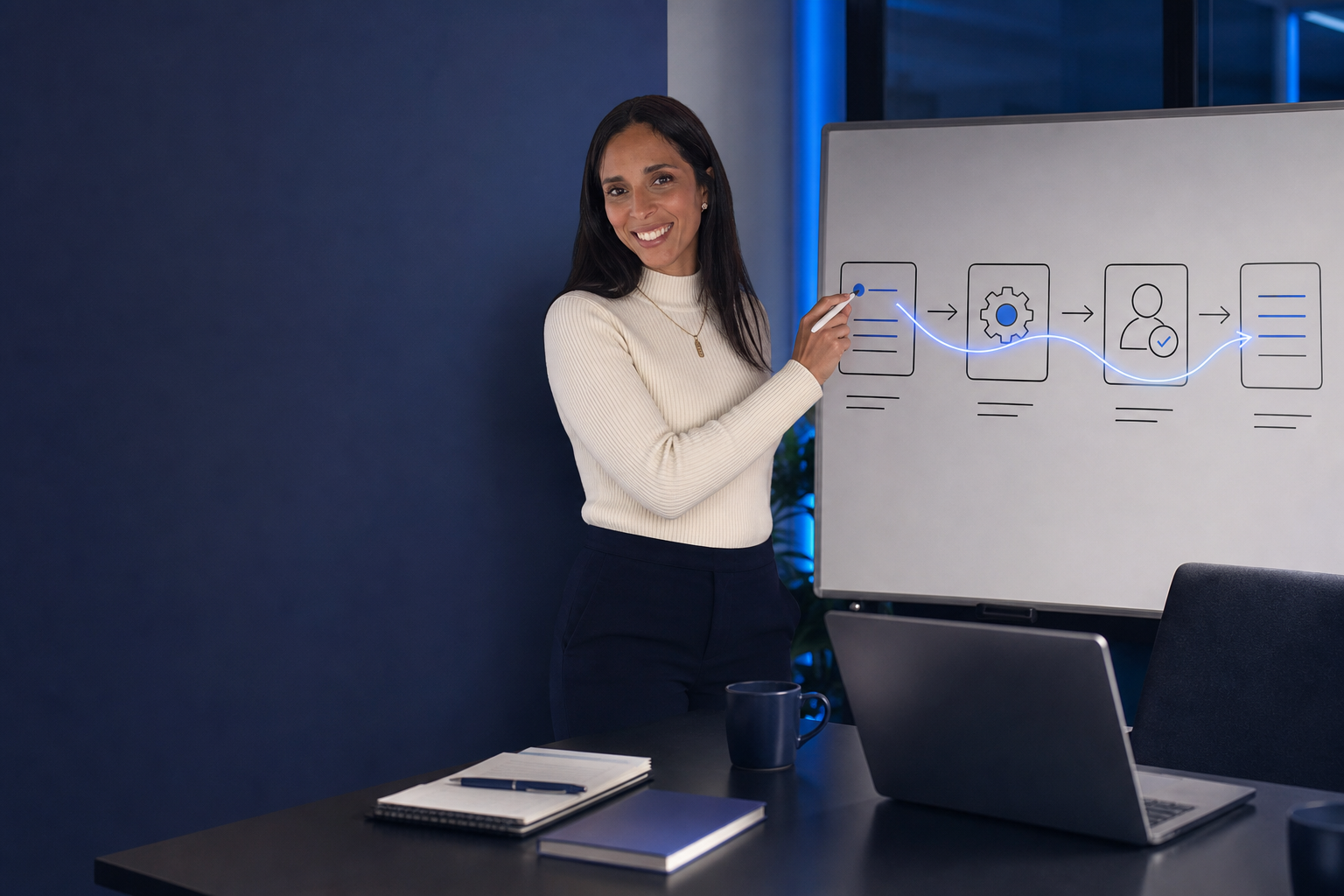 Deux ambassadrices LDAi analysent un workflow d’automatisation sur un écran, l’une debout devant un tableau de processus et l’autre assise en validation des étapes.