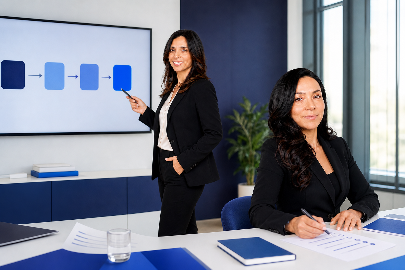 Les deux ambassadrices LDAi analysent un tableau de workflow d’automatisation en entreprise, l’une debout en présentation et l’autre assise en validation.