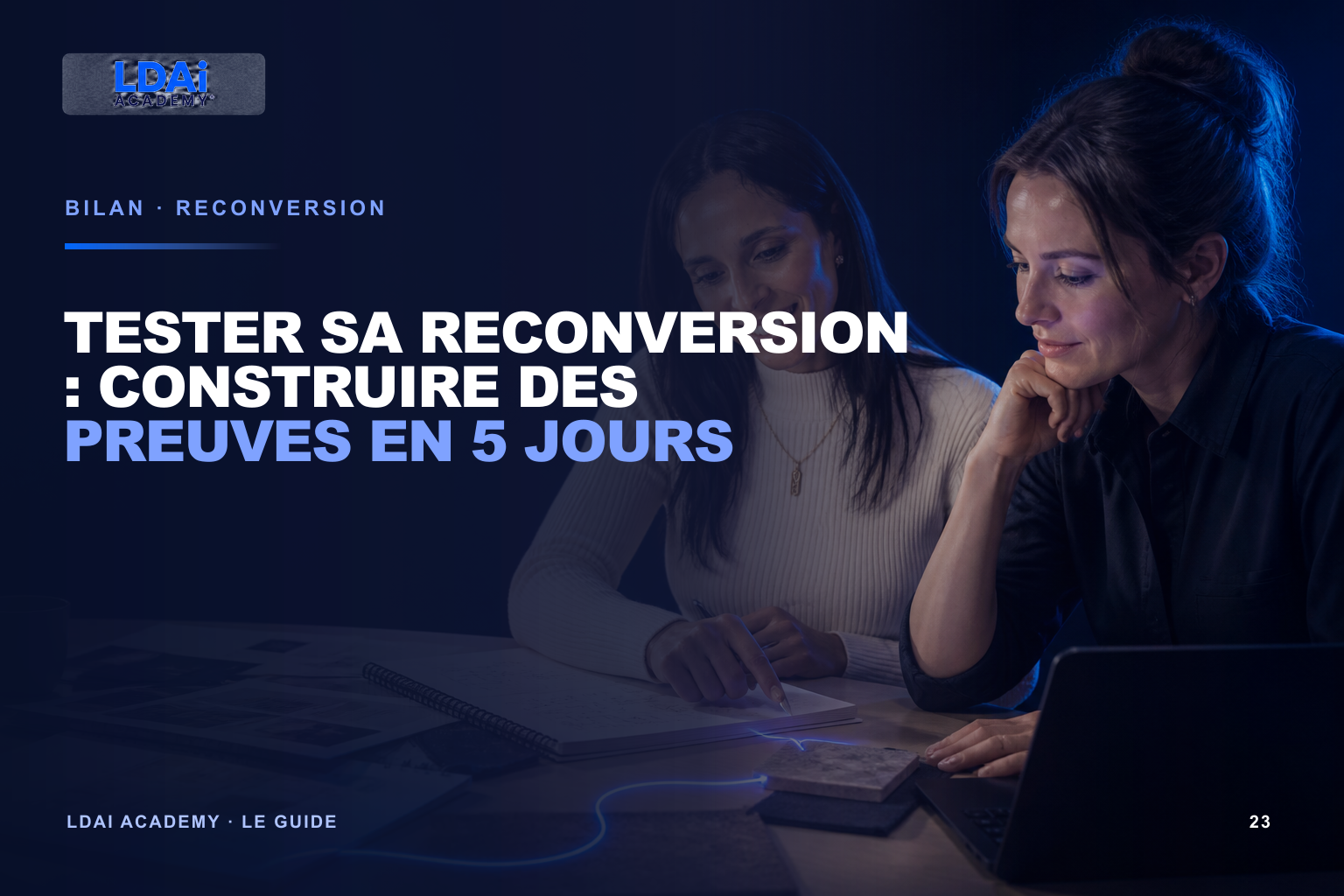 Tester sa reconversion : construire des preuves en 5 jours — visuel éditorial LDAi Academy