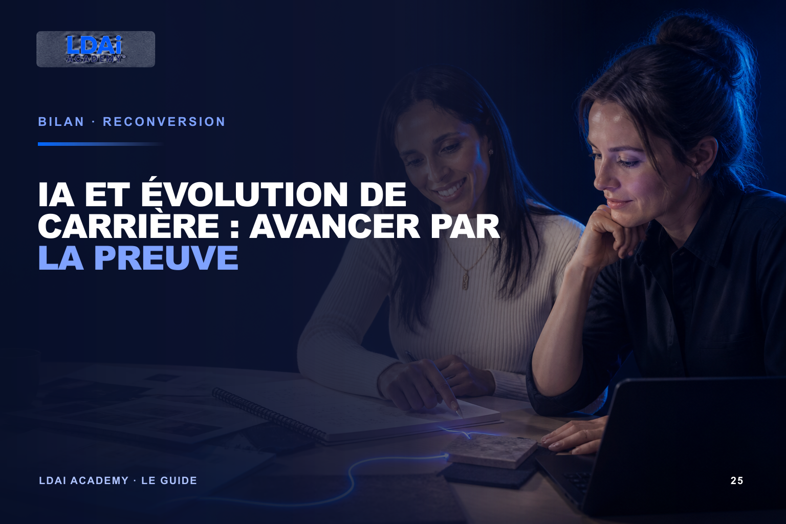 IA et évolution de carrière : avancer par la preuve — visuel éditorial LDAi Academy