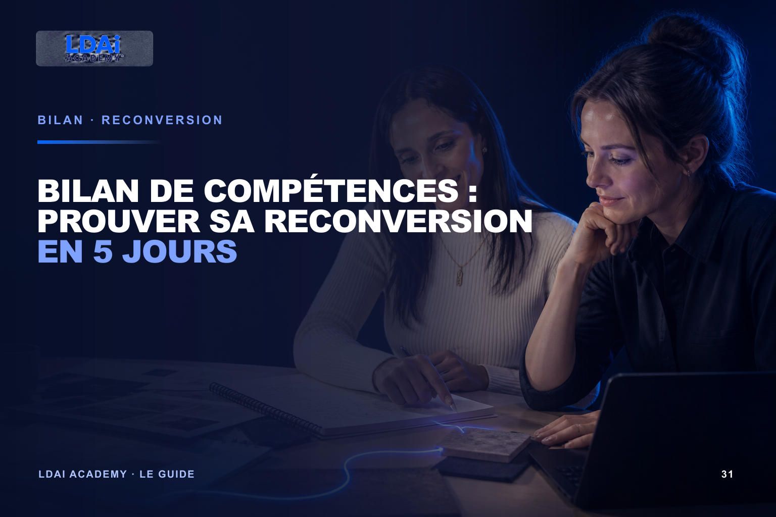Bilan de compétences : prouver sa reconversion en 5 jours — visuel éditorial LDAi Academy