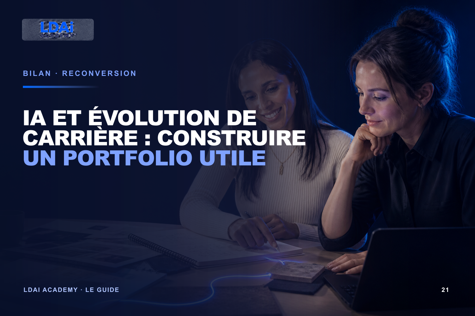 IA et évolution de carrière : construire un portfolio utile — visuel éditorial LDAi Academy